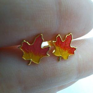 Earrings Maple Leaf Studs Orange Yellow Gold Tone
